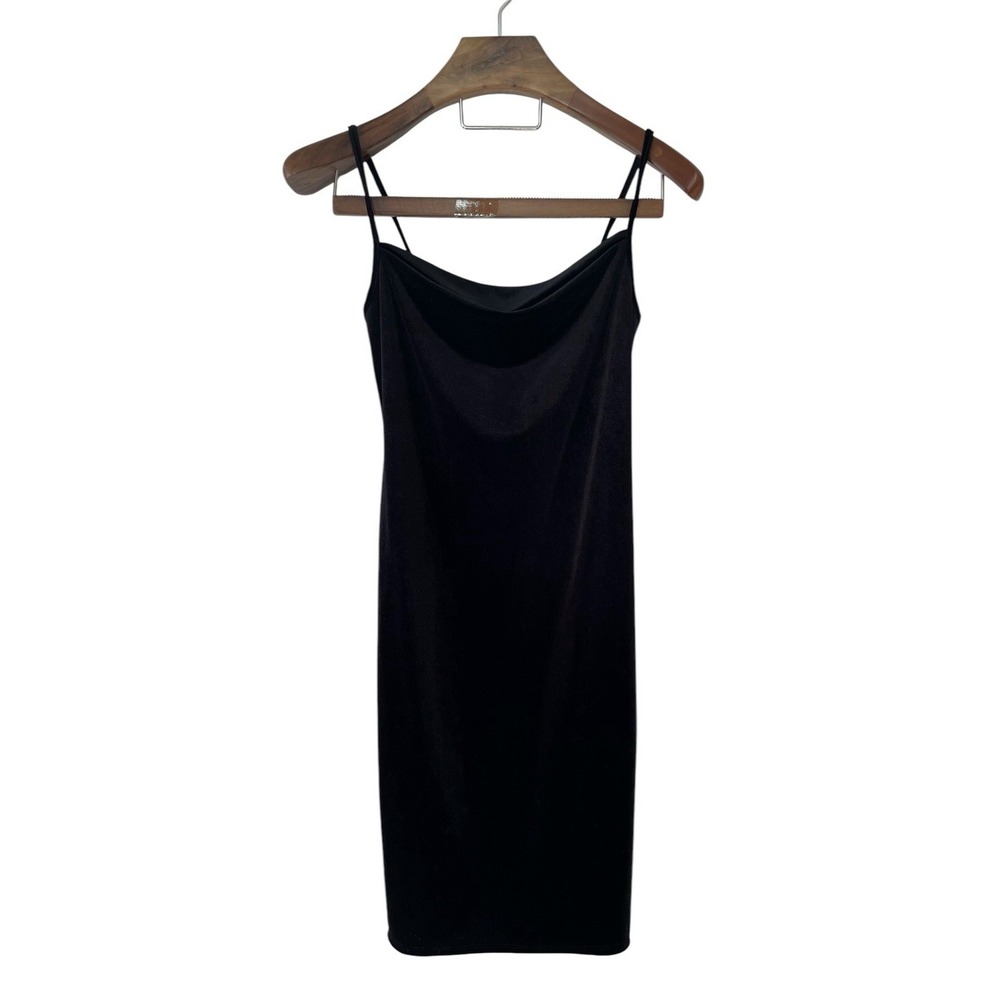 VTG Bebe Black Velvet Spaghetti Strap Sheath Bodycon Slip Dress Cowl Neck Y2K S